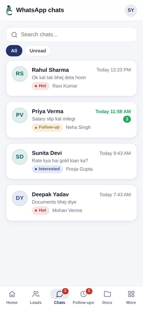 Saari WhatsApp chats ki list, unread messages ke saath