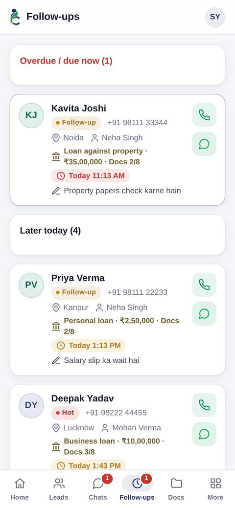 Aaj ke aur overdue follow-ups ki list