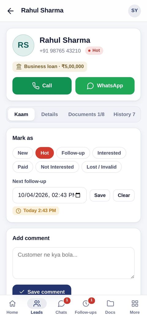 Lead ka page: Call aur WhatsApp button, status aur follow-up